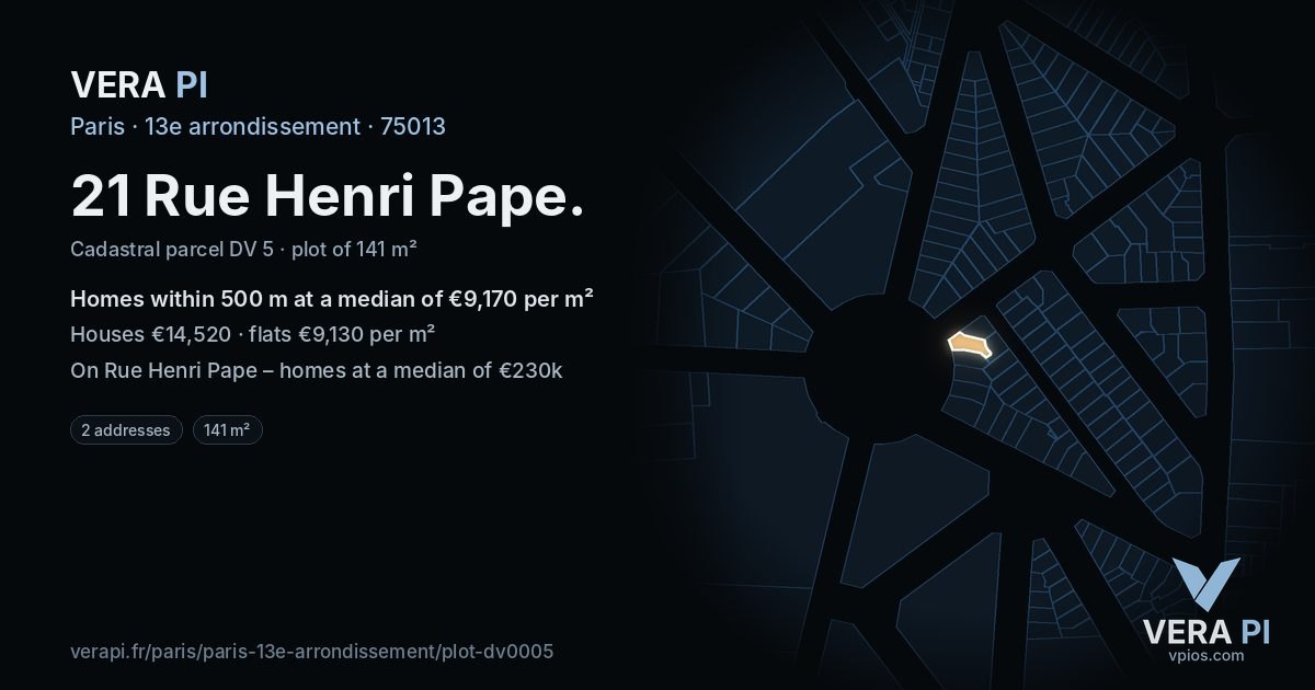21 Rue Henri Pape, 13e arrondissement at night – the plot lit, the parcels around coloured by the prices near them