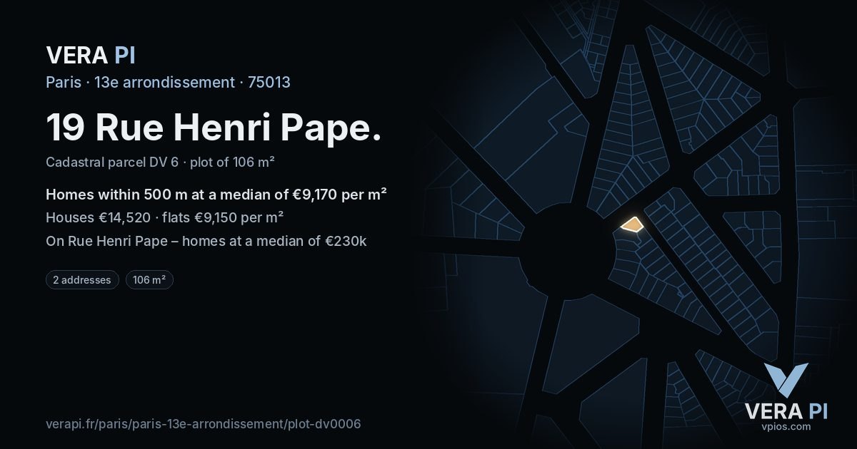 19 Rue Henri Pape, 13e arrondissement at night – the plot lit, the parcels around coloured by the prices near them