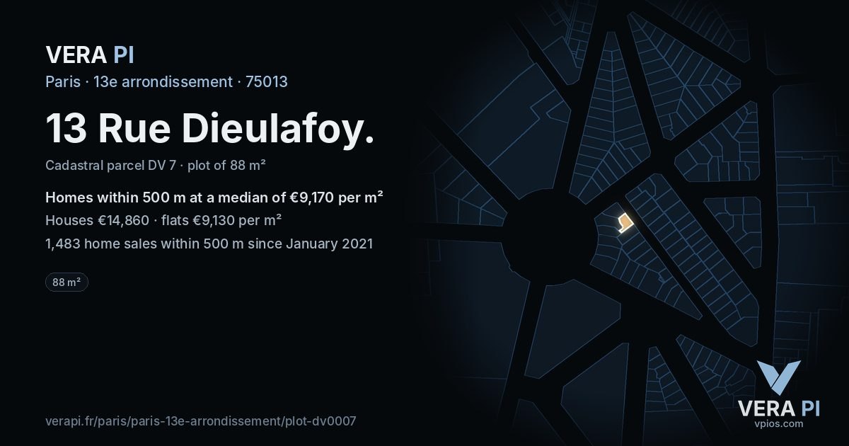 13 Rue Dieulafoy, 13e arrondissement at night – the plot lit, the parcels around coloured by the prices near them