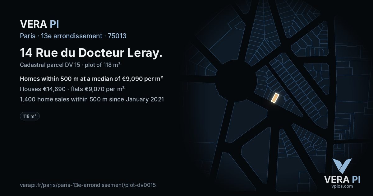 14 Rue du Docteur Leray, 13e arrondissement at night – the plot lit, the parcels around coloured by the prices near them
