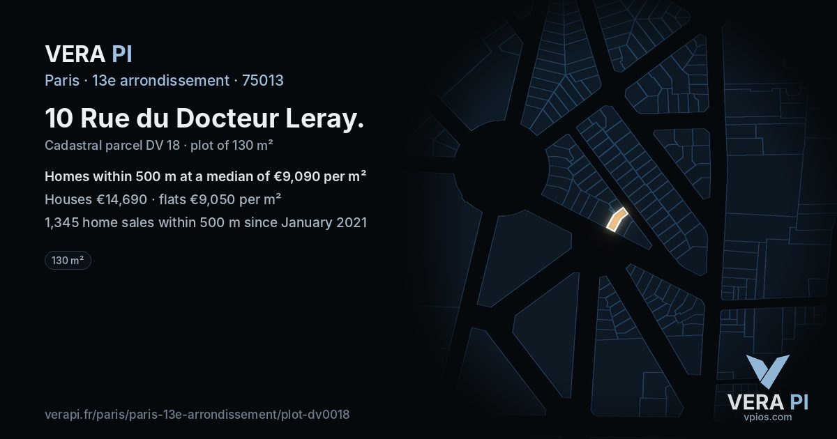10 Rue du Docteur Leray, 13e arrondissement at night – the plot lit, the parcels around coloured by the prices near them