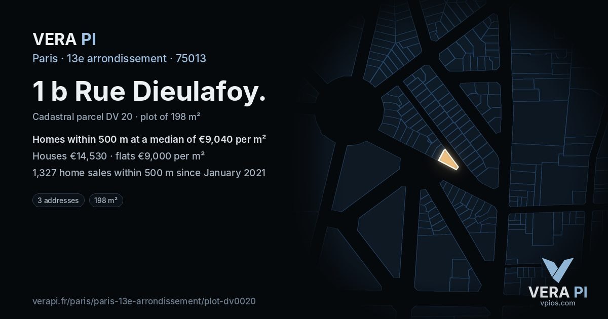 1 b Rue Dieulafoy, 13e arrondissement at night – the plot lit, the parcels around coloured by the prices near them