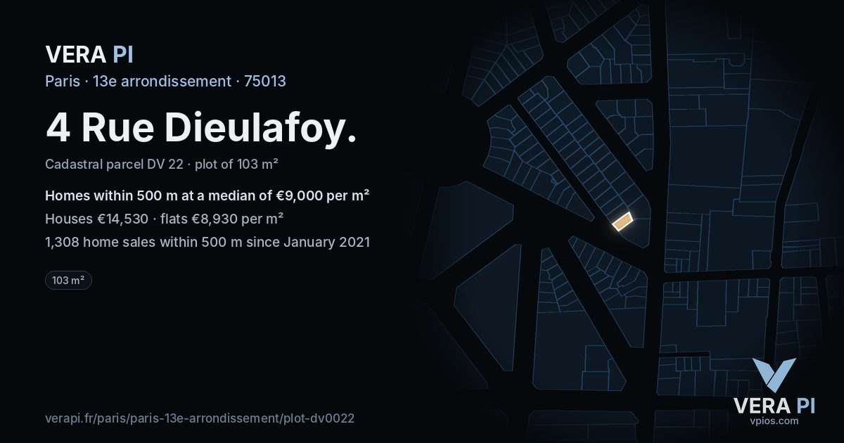 4 Rue Dieulafoy, 13e arrondissement at night – the plot lit, the parcels around coloured by the prices near them