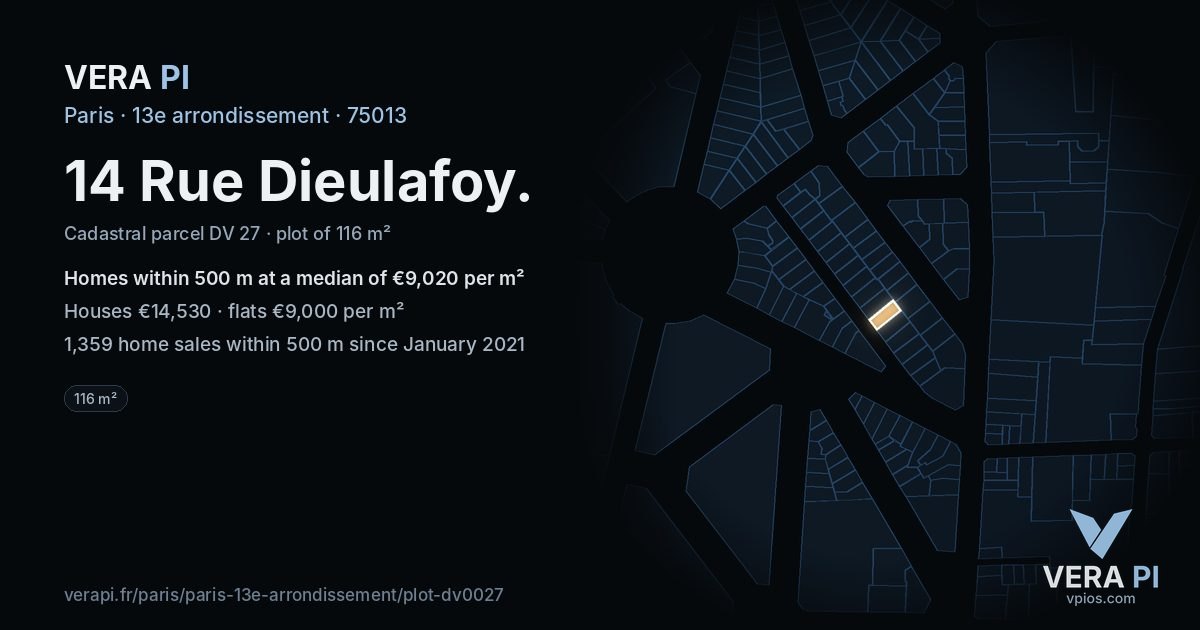 14 Rue Dieulafoy, 13e arrondissement at night – the plot lit, the parcels around coloured by the prices near them
