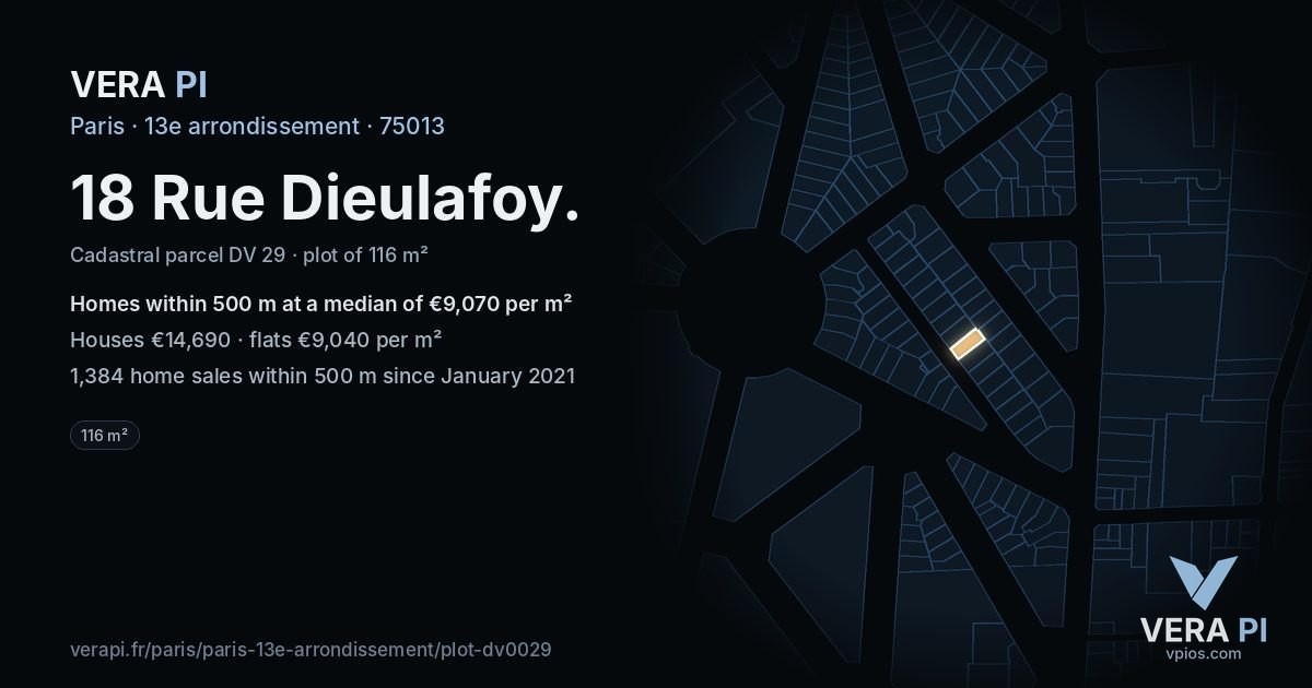 18 Rue Dieulafoy, 13e arrondissement at night – the plot lit, the parcels around coloured by the prices near them