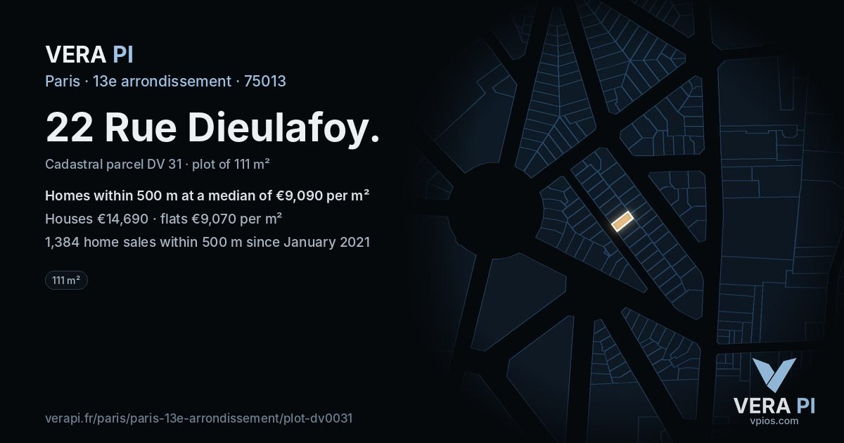 22 Rue Dieulafoy, 13e arrondissement at night – the plot lit, the parcels around coloured by the prices near them
