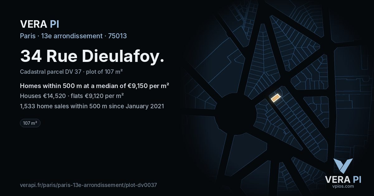 34 Rue Dieulafoy, 13e arrondissement at night – the plot lit, the parcels around coloured by the prices near them
