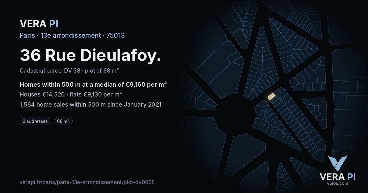 36 Rue Dieulafoy, 13e arrondissement at night – the plot lit, the parcels around coloured by the prices near them