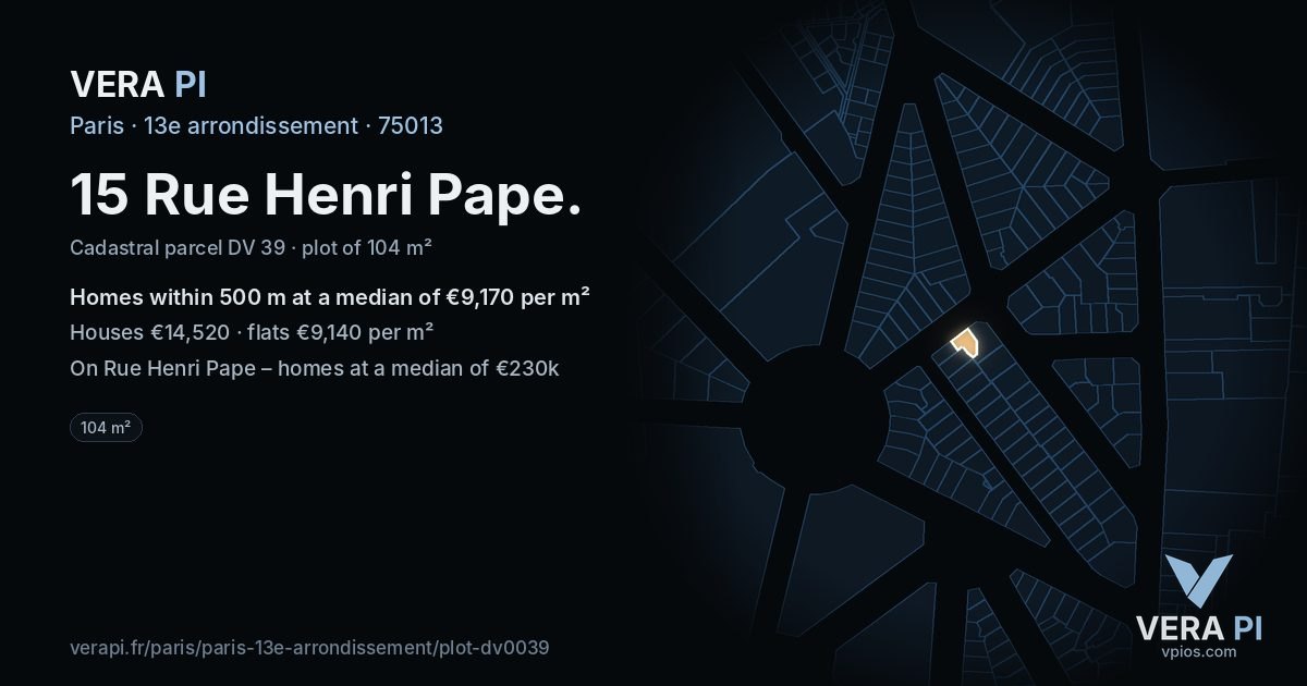 15 Rue Henri Pape, 13e arrondissement at night – the plot lit, the parcels around coloured by the prices near them