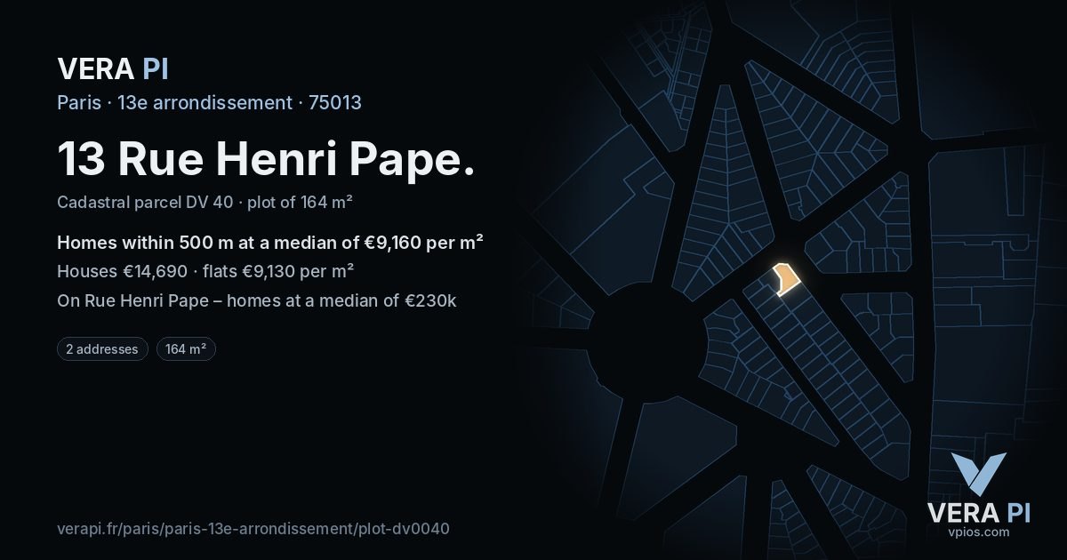 13 Rue Henri Pape, 13e arrondissement at night – the plot lit, the parcels around coloured by the prices near them