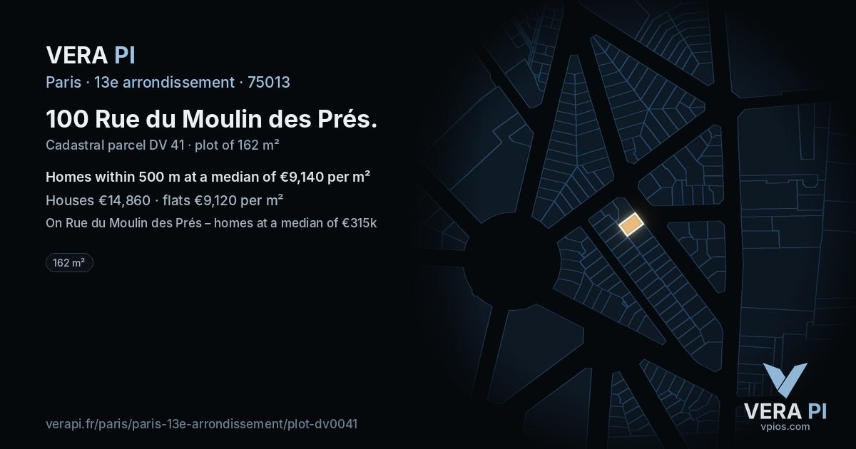 100 Rue du Moulin des Prés, 13e arrondissement at night – the plot lit, the parcels around coloured by the prices near them