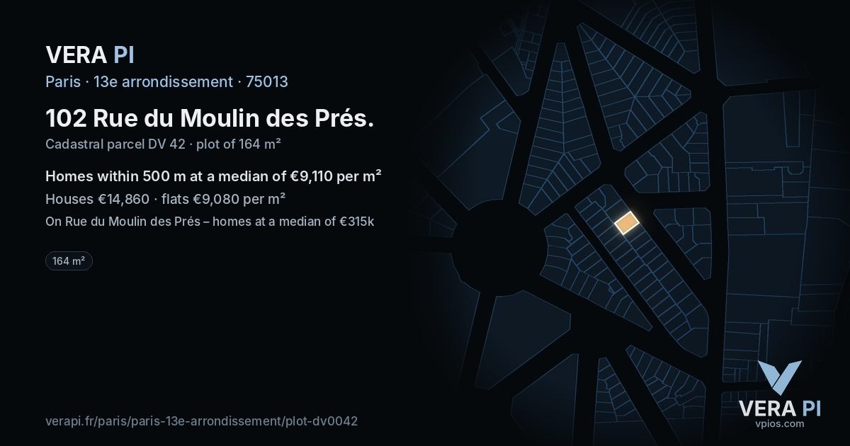 102 Rue du Moulin des Prés, 13e arrondissement at night – the plot lit, the parcels around coloured by the prices near them