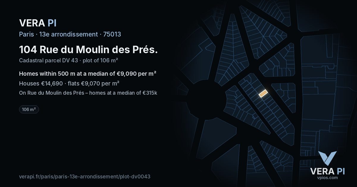 104 Rue du Moulin des Prés, 13e arrondissement at night – the plot lit, the parcels around coloured by the prices near them