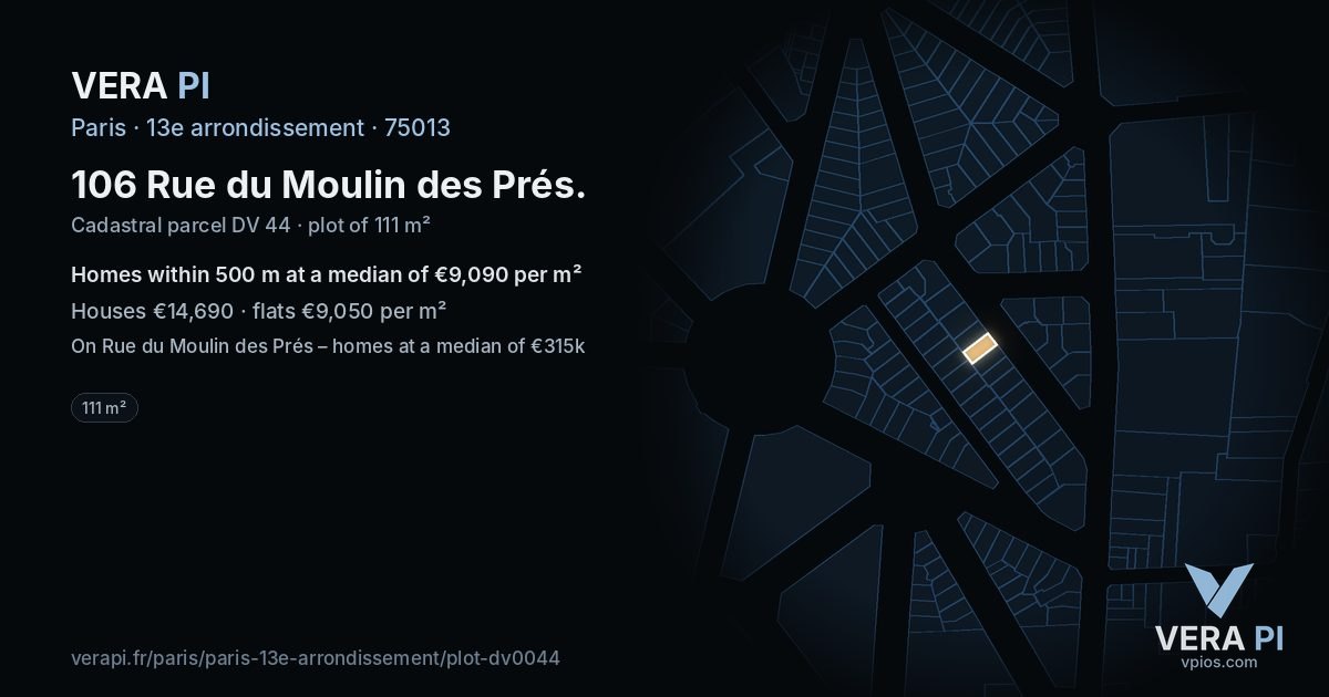 106 Rue du Moulin des Prés, 13e arrondissement at night – the plot lit, the parcels around coloured by the prices near them