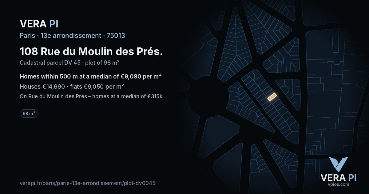 108 Rue du Moulin des Prés, 13e arrondissement at night – the plot lit, the parcels around coloured by the prices near them