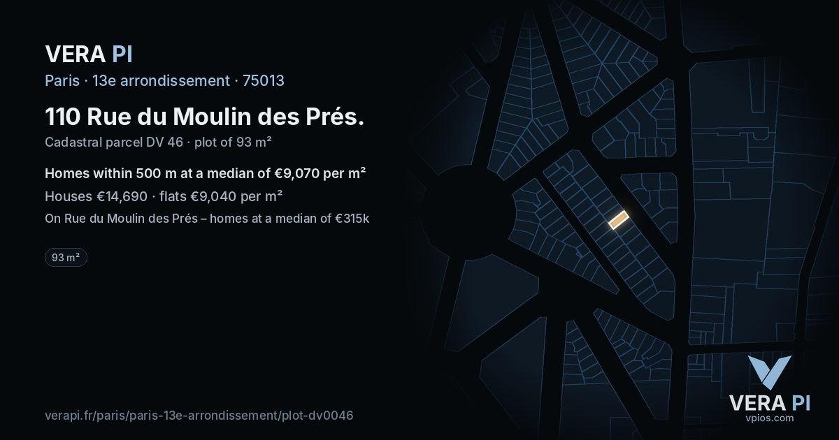 110 Rue du Moulin des Prés, 13e arrondissement at night – the plot lit, the parcels around coloured by the prices near them