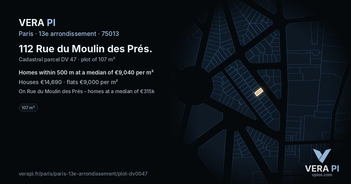 112 Rue du Moulin des Prés, 13e arrondissement at night – the plot lit, the parcels around coloured by the prices near them