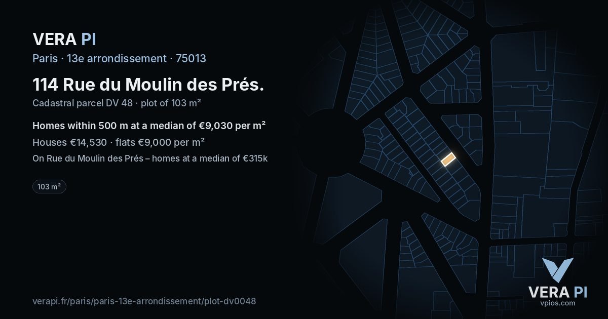 114 Rue du Moulin des Prés, 13e arrondissement at night – the plot lit, the parcels around coloured by the prices near them