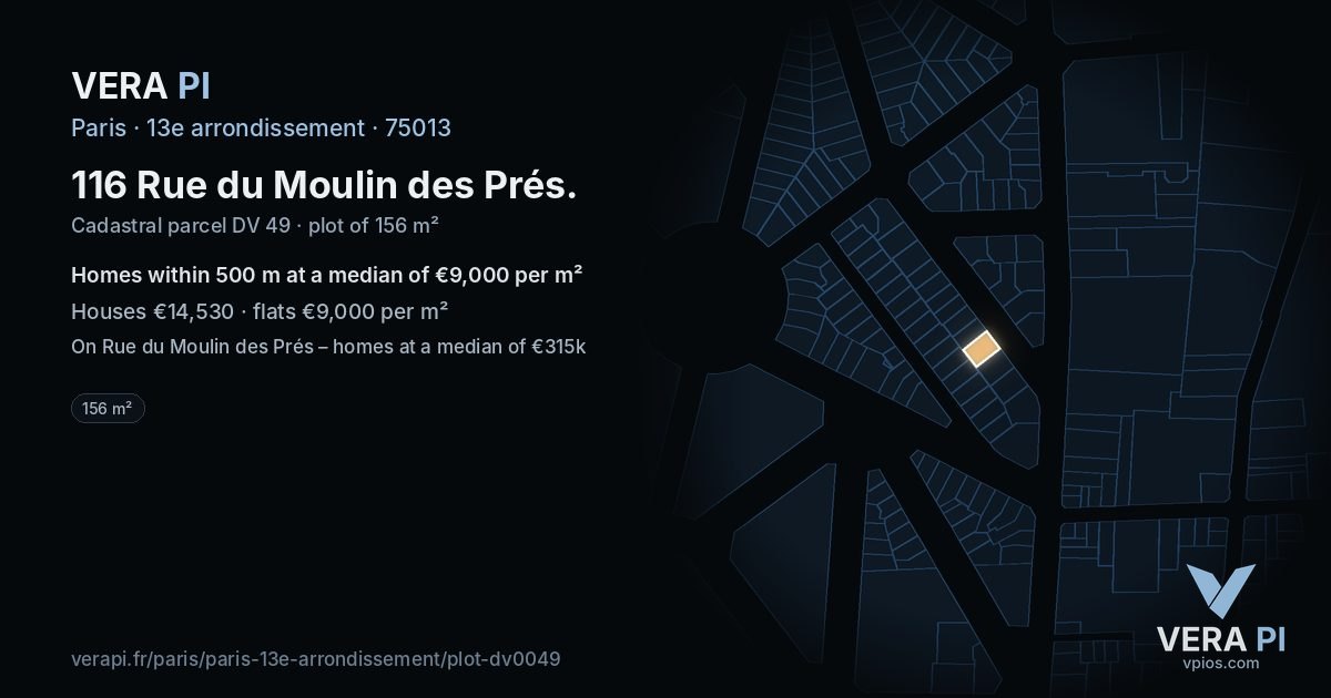 116 Rue du Moulin des Prés, 13e arrondissement at night – the plot lit, the parcels around coloured by the prices near them