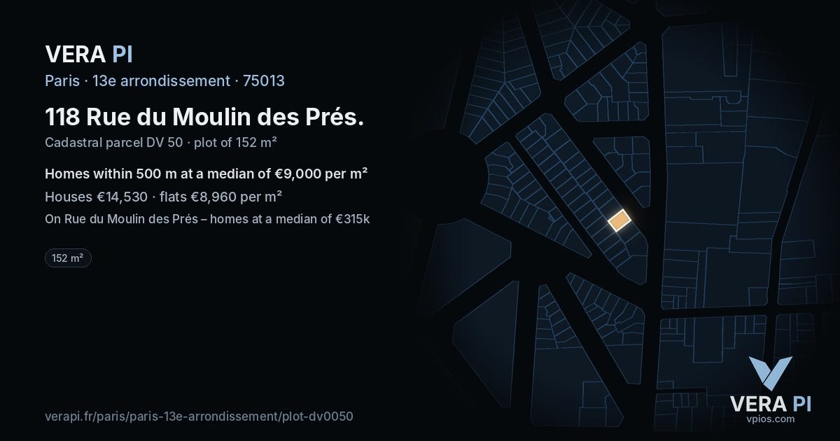 118 Rue du Moulin des Prés, 13e arrondissement at night – the plot lit, the parcels around coloured by the prices near them
