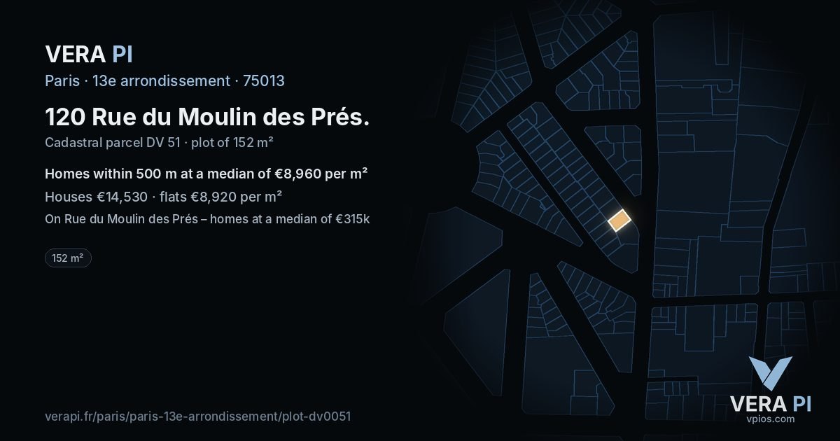 120 Rue du Moulin des Prés, 13e arrondissement at night – the plot lit, the parcels around coloured by the prices near them