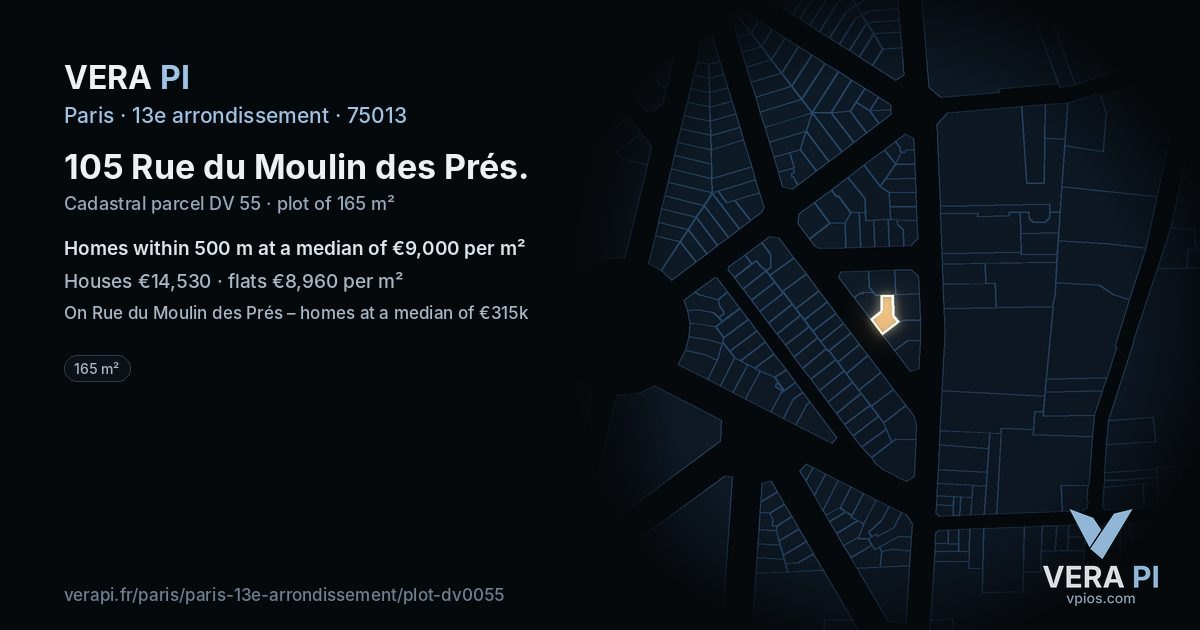 105 Rue du Moulin des Prés, 13e arrondissement at night – the plot lit, the parcels around coloured by the prices near them