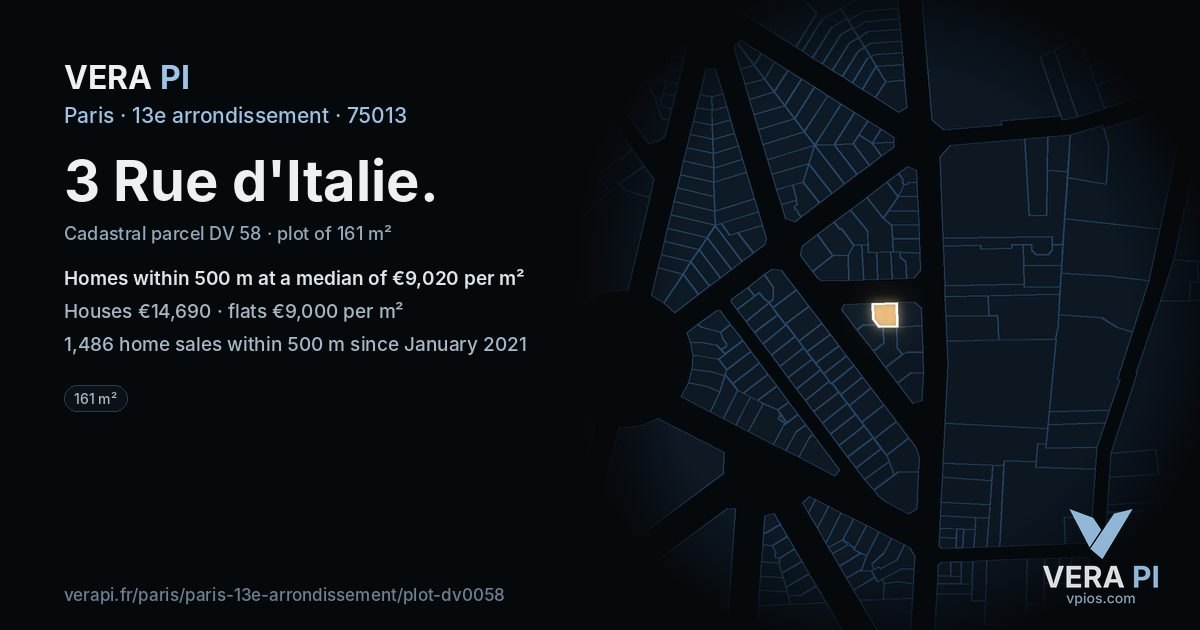 3 Rue d'Italie, 13e arrondissement at night – the plot lit, the parcels around coloured by the prices near them