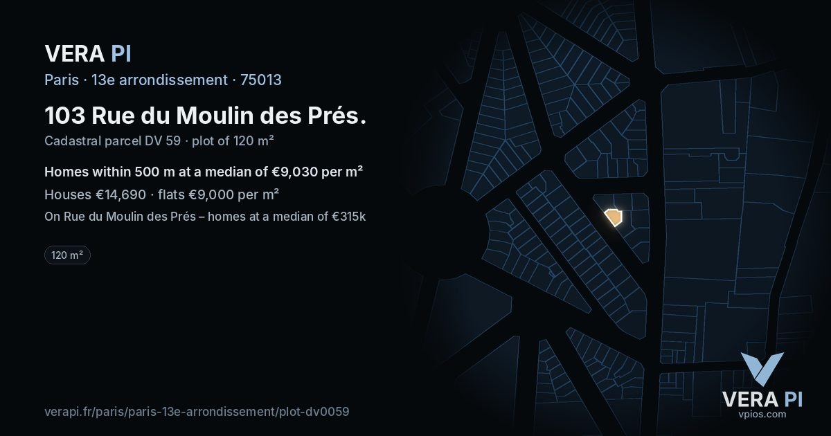 103 Rue du Moulin des Prés, 13e arrondissement at night – the plot lit, the parcels around coloured by the prices near them