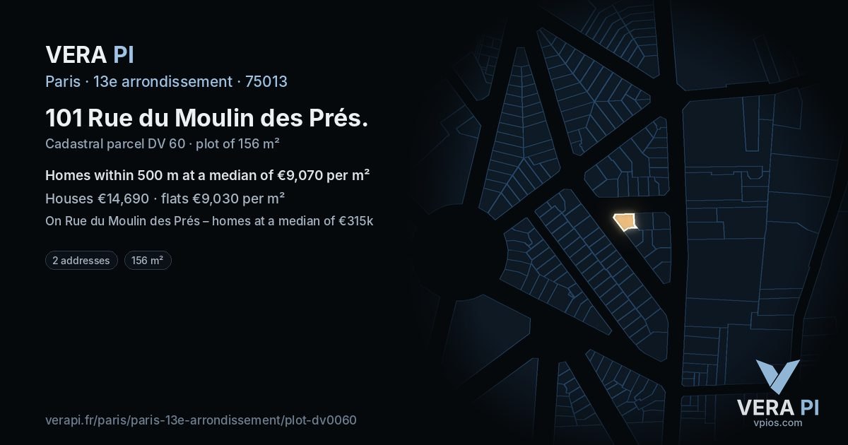 101 Rue du Moulin des Prés, 13e arrondissement at night – the plot lit, the parcels around coloured by the prices near them