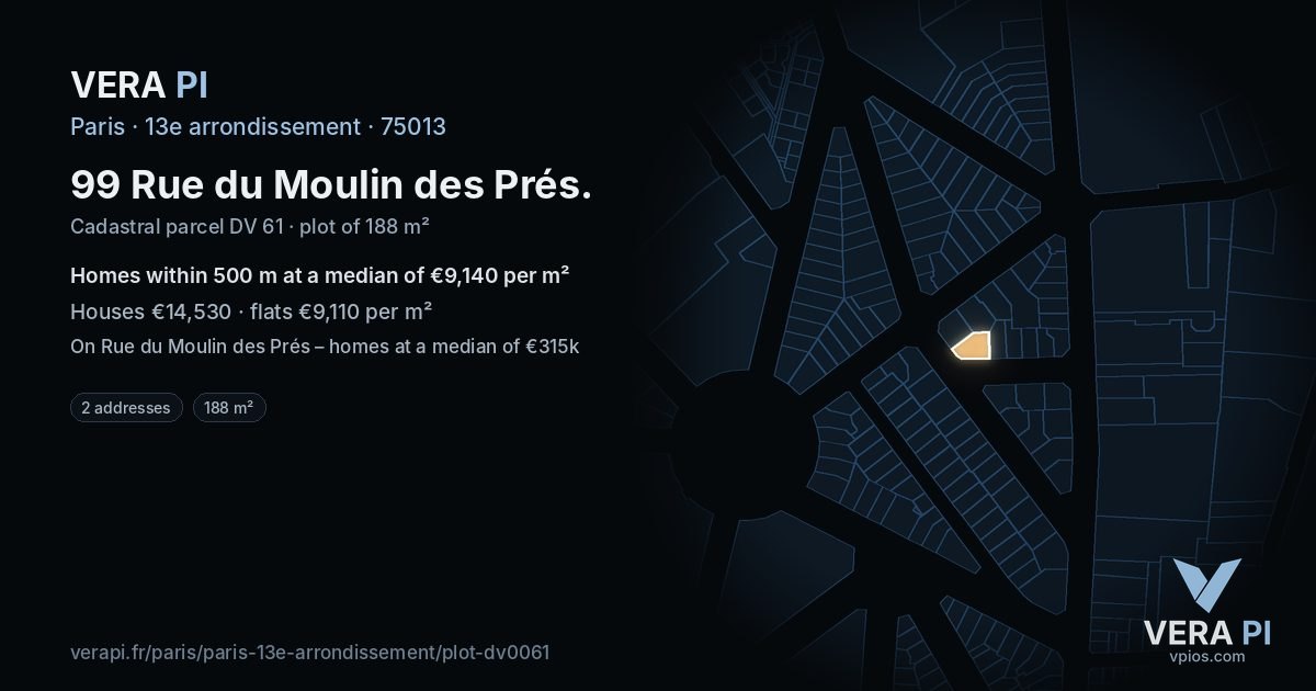 99 Rue du Moulin des Prés, 13e arrondissement at night – the plot lit, the parcels around coloured by the prices near them