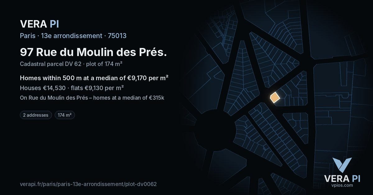 97 Rue du Moulin des Prés, 13e arrondissement at night – the plot lit, the parcels around coloured by the prices near them
