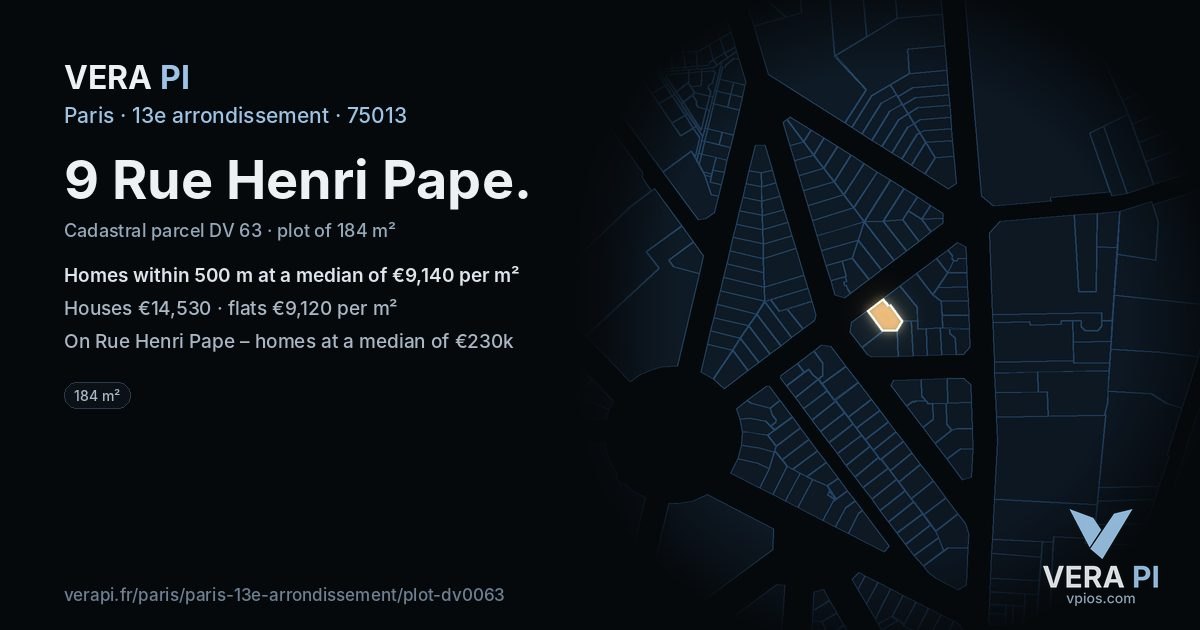 9 Rue Henri Pape, 13e arrondissement at night – the plot lit, the parcels around coloured by the prices near them