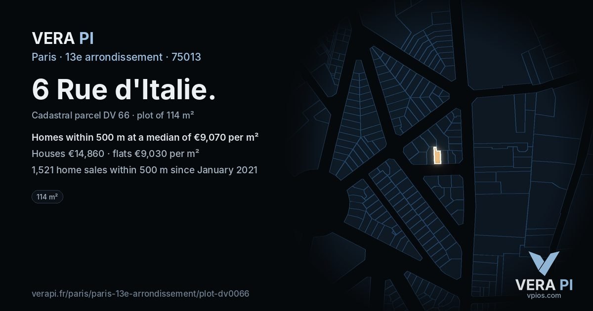 6 Rue d'Italie, 13e arrondissement at night – the plot lit, the parcels around coloured by the prices near them