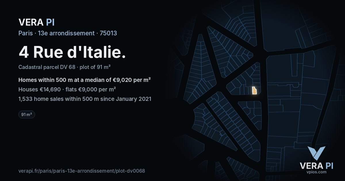 4 Rue d'Italie, 13e arrondissement at night – the plot lit, the parcels around coloured by the prices near them