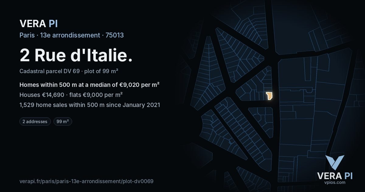 2 Rue d'Italie, 13e arrondissement at night – the plot lit, the parcels around coloured by the prices near them