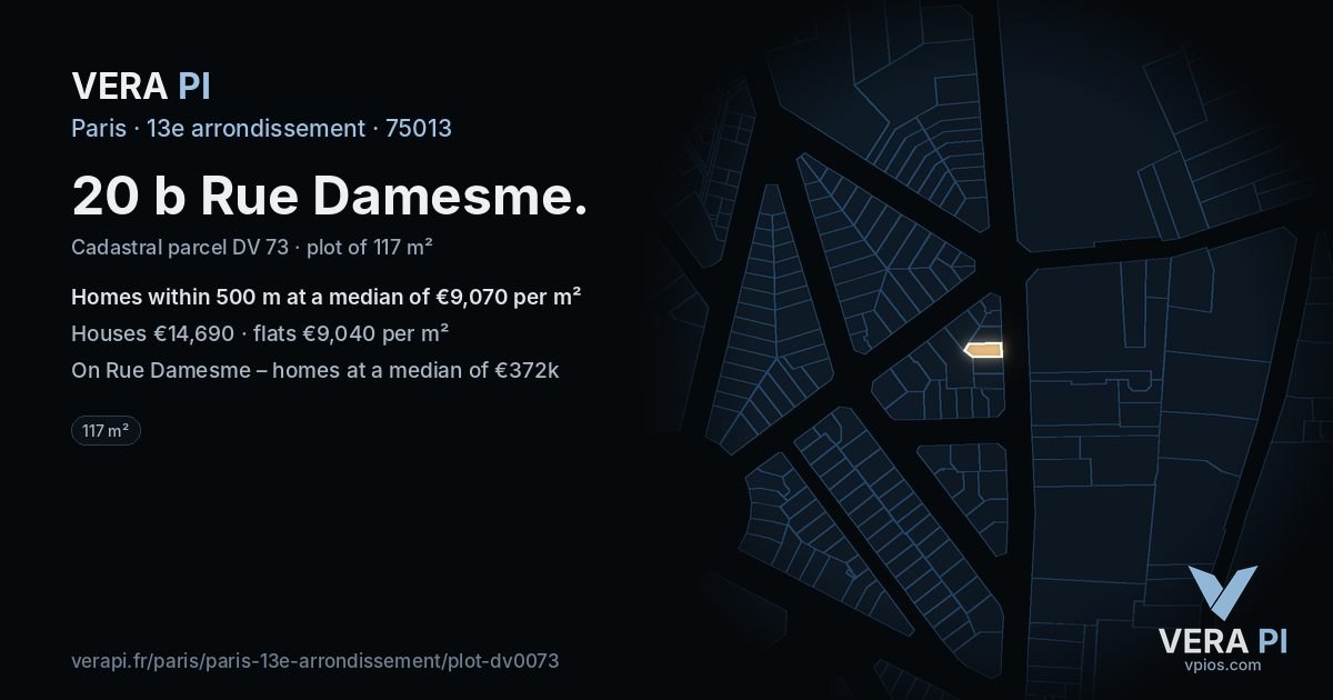 20 b Rue Damesme, 13e arrondissement at night – the plot lit, the parcels around coloured by the prices near them