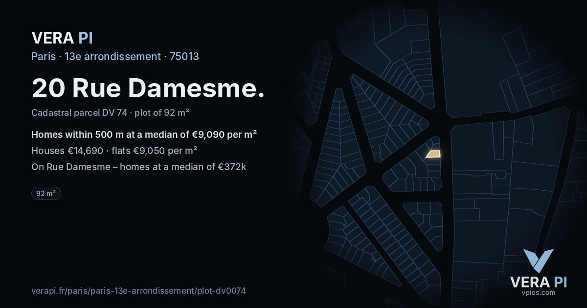 20 Rue Damesme, 13e arrondissement at night – the plot lit, the parcels around coloured by the prices near them