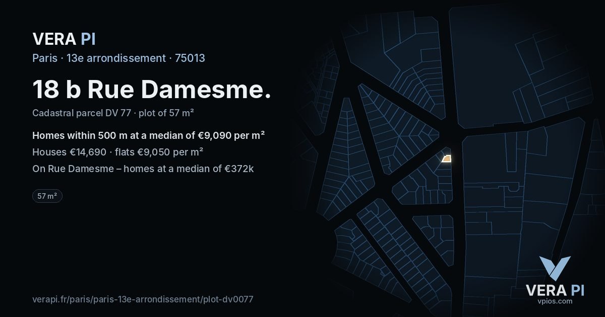 18 b Rue Damesme, 13e arrondissement at night – the plot lit, the parcels around coloured by the prices near them