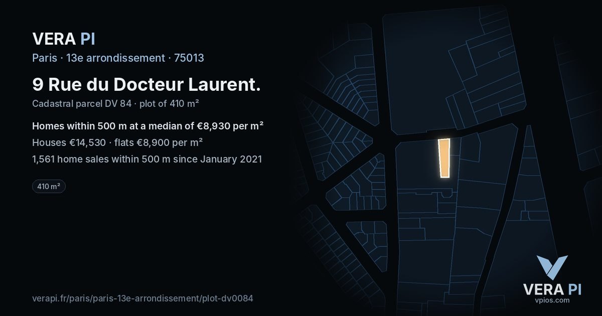 9 Rue du Docteur Laurent, 13e arrondissement at night – the plot lit, the parcels around coloured by the prices near them
