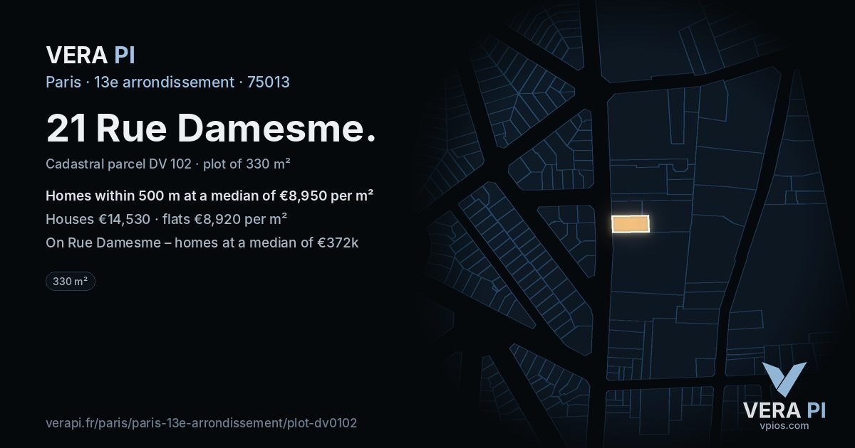21 Rue Damesme, 13e arrondissement at night – the plot lit, the parcels around coloured by the prices near them