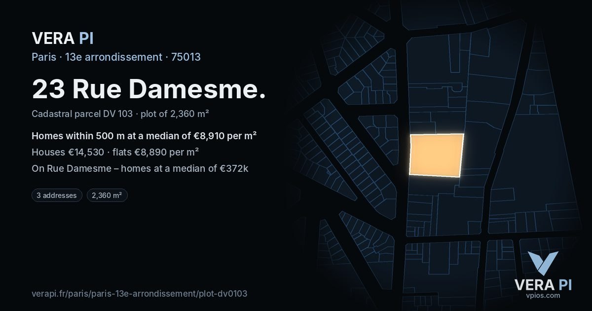 23 Rue Damesme, 13e arrondissement at night – the plot lit, the parcels around coloured by the prices near them