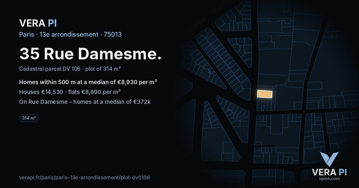 35 Rue Damesme, 13e arrondissement at night – the plot lit, the parcels around coloured by the prices near them