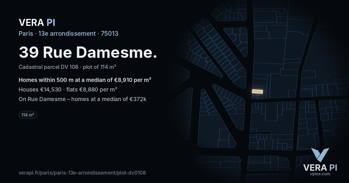39 Rue Damesme, 13e arrondissement at night – the plot lit, the parcels around coloured by the prices near them