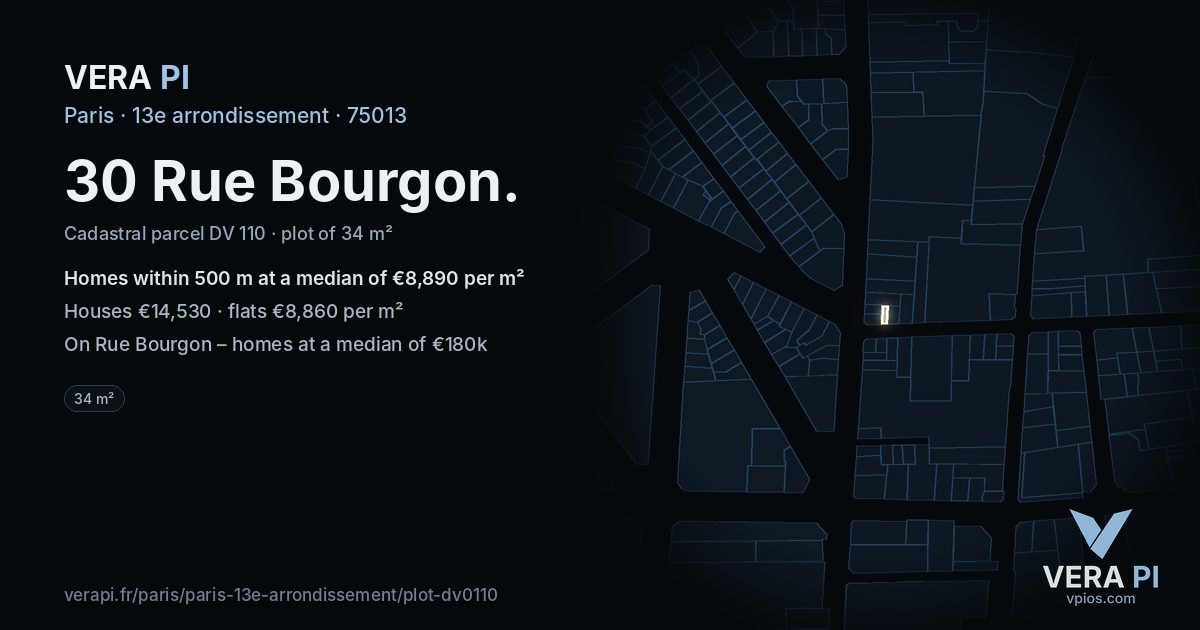 30 Rue Bourgon, 13e arrondissement at night – the plot lit, the parcels around coloured by the prices near them