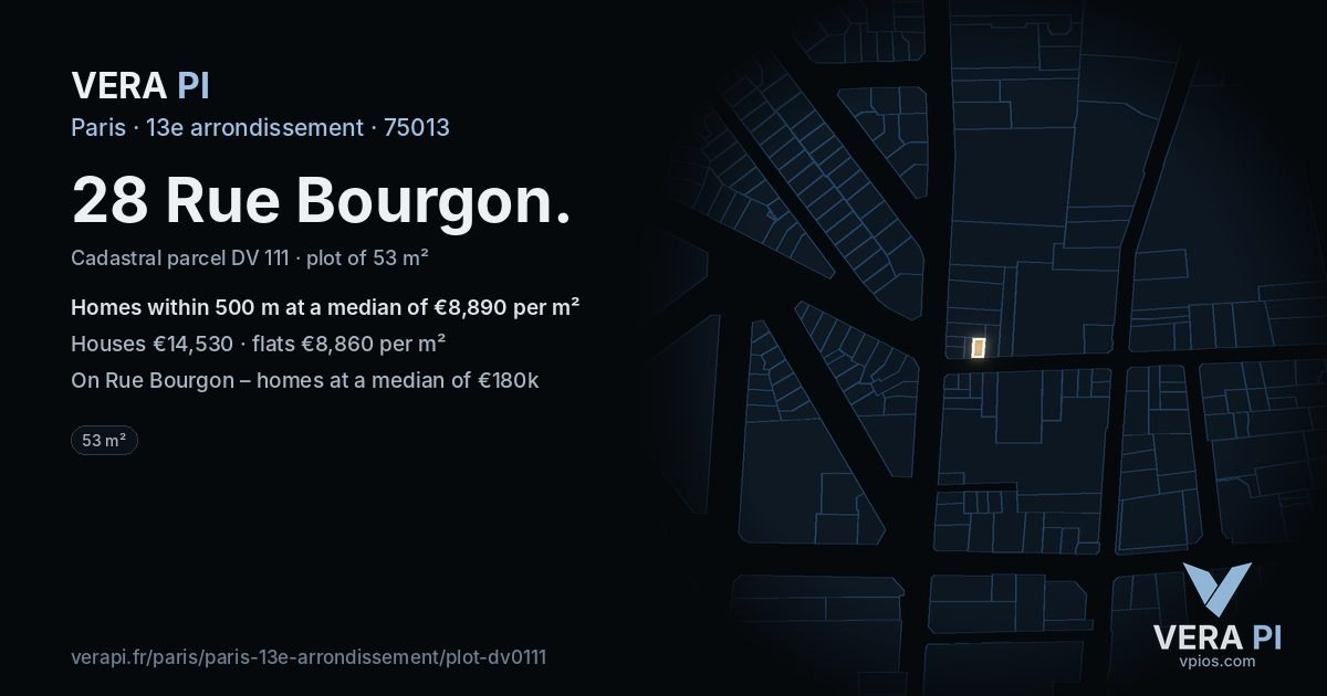 28 Rue Bourgon, 13e arrondissement at night – the plot lit, the parcels around coloured by the prices near them