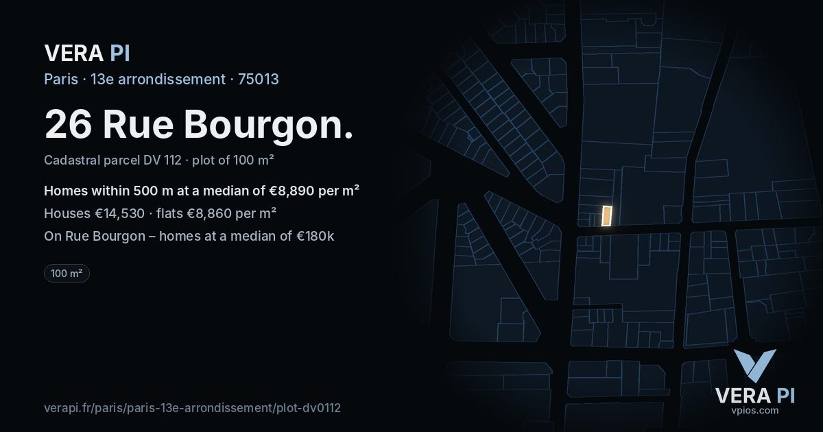 26 Rue Bourgon, 13e arrondissement at night – the plot lit, the parcels around coloured by the prices near them