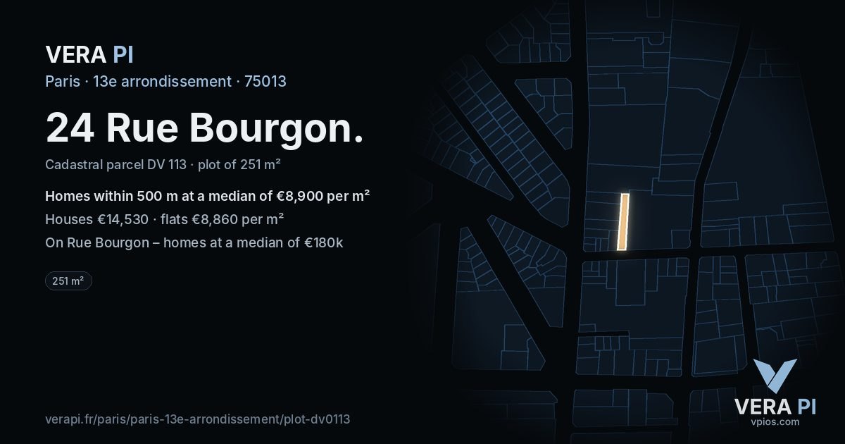 24 Rue Bourgon, 13e arrondissement at night – the plot lit, the parcels around coloured by the prices near them