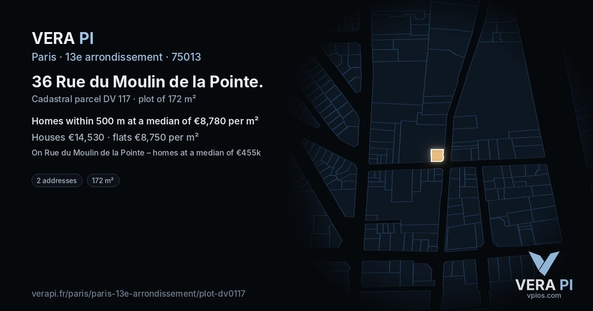 36 Rue du Moulin de la Pointe, 13e arrondissement at night – the plot lit, the parcels around coloured by the prices near them