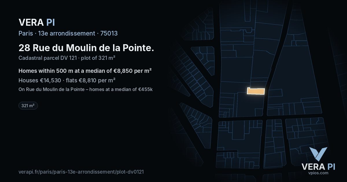 28 Rue du Moulin de la Pointe, 13e arrondissement at night – the plot lit, the parcels around coloured by the prices near them