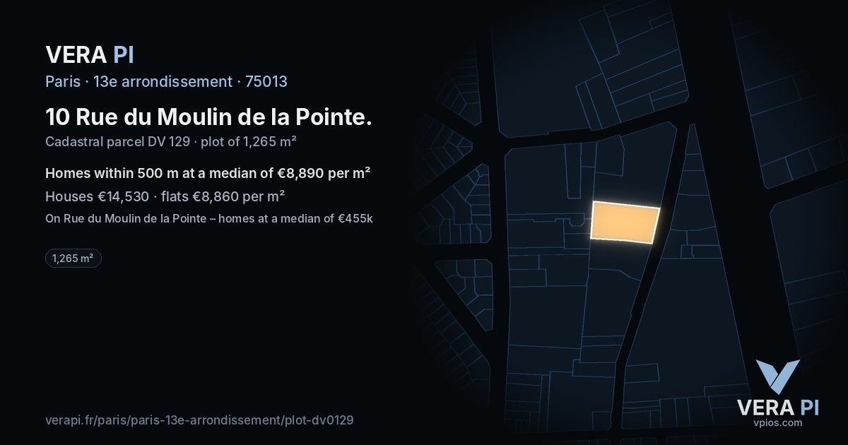 10 Rue du Moulin de la Pointe, 13e arrondissement at night – the plot lit, the parcels around coloured by the prices near them